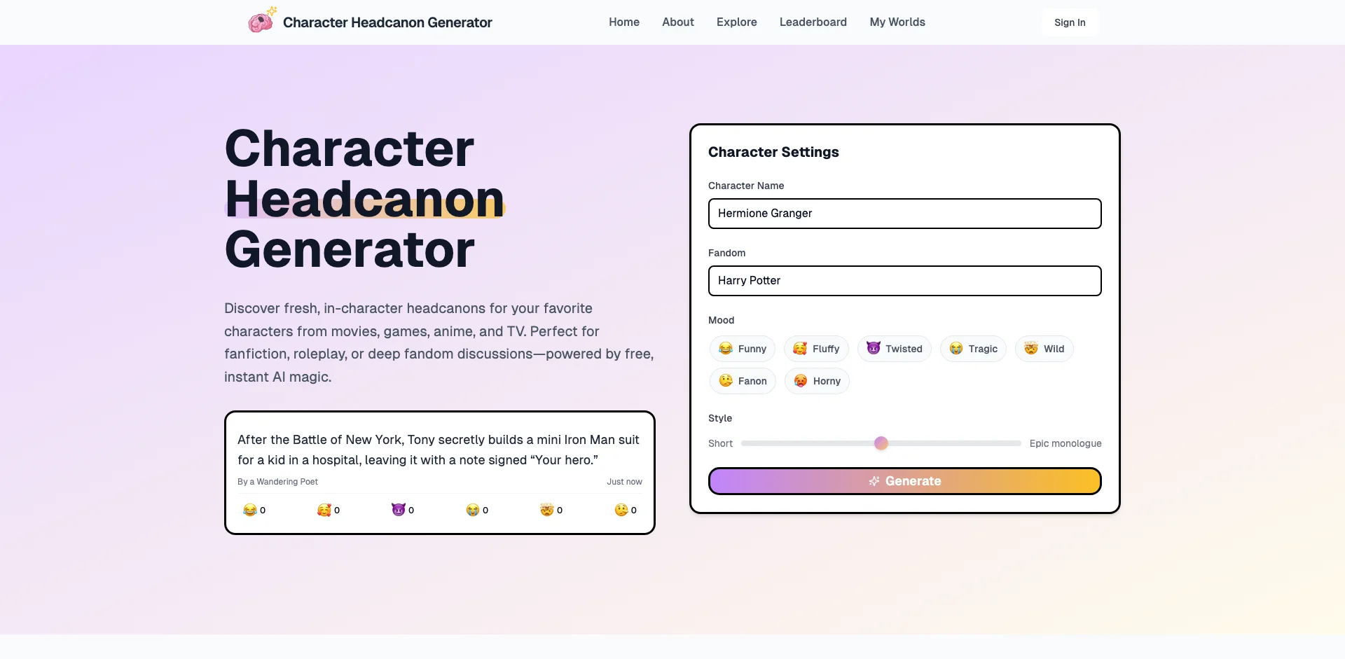 Headcanon Generator - aiHeadcanon.com